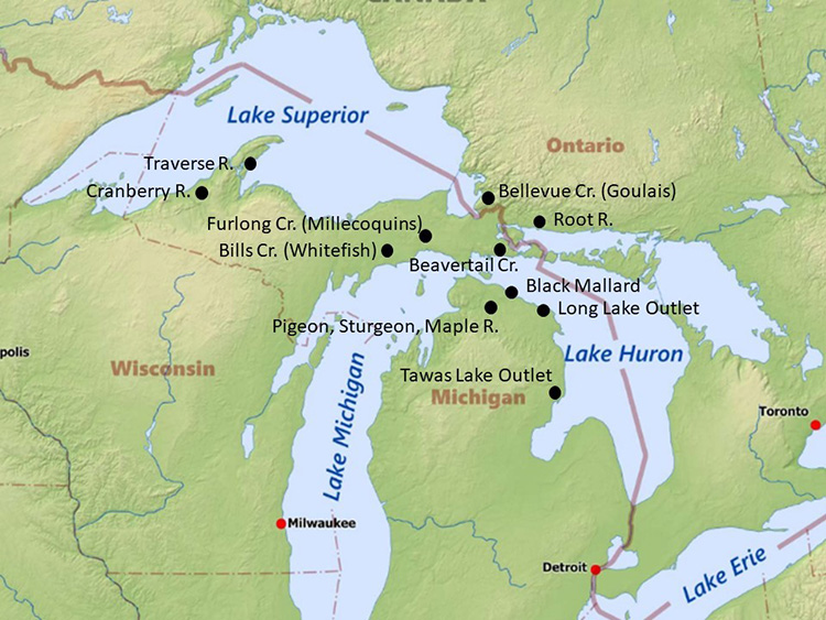 Map of upper great lakes showing spots where supplemental controls are going to be tested